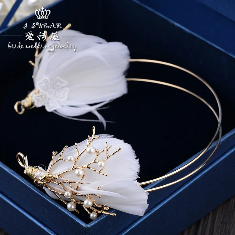 

handmade white feather wreath headdress wedding simple Korean hair new bride jewelry wedding accessories