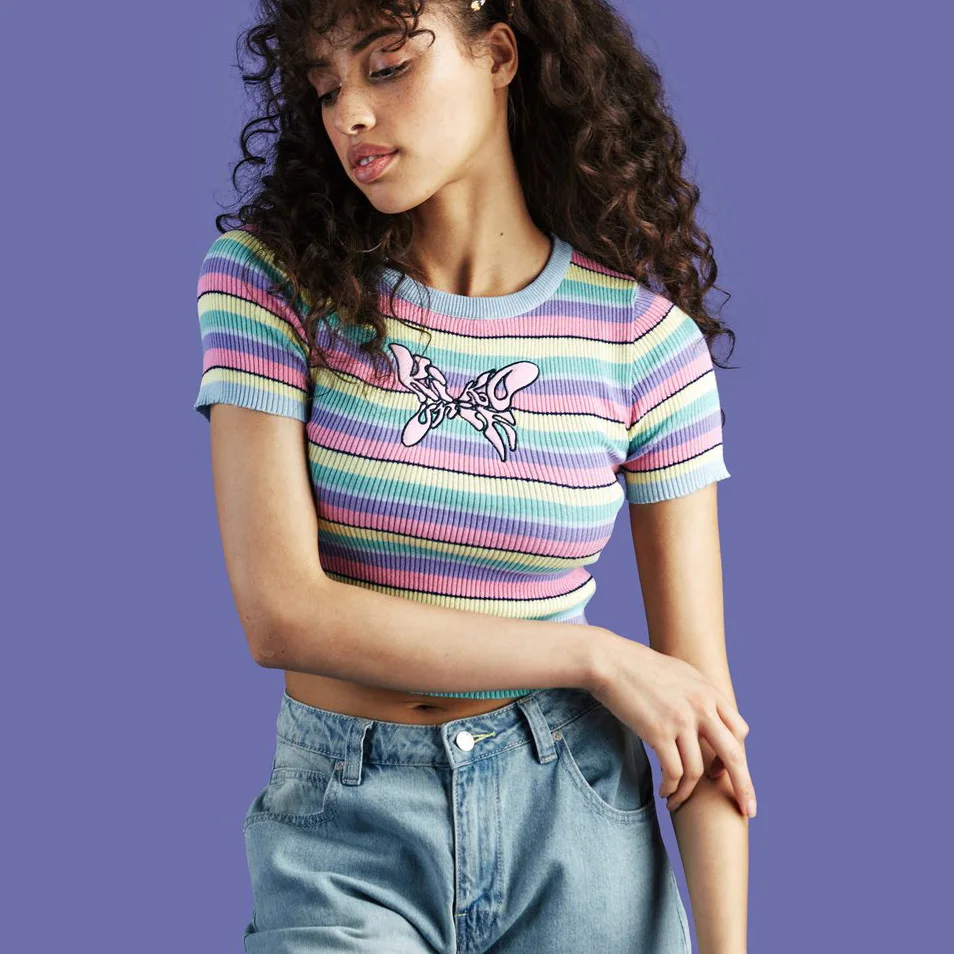 

Butterfly Vintage plaid cropped knitted Sweater Women Poncho rainbow color top Pullover Sueter Mujer Pulover Feminino