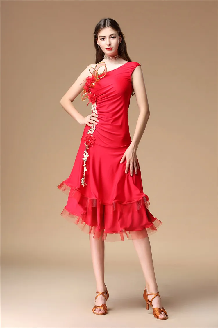 Latin Adult Whole Body One Shoulder Sleeveless Fringe With Flowers