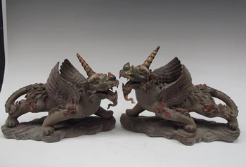 

song voge gem S1626 Pottery WuCai porcelain Evil Fly Beast Foo Dog lion Kylin Brave troops Pair