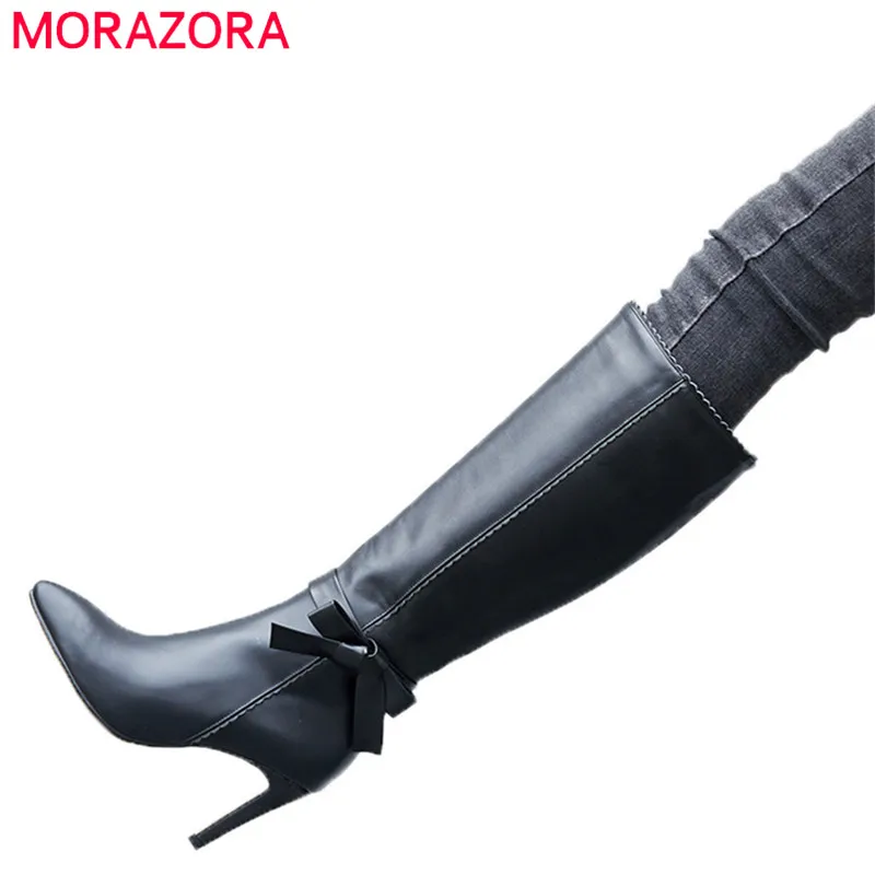Hiver En Pointu Bottes 2018 Noir Talons Cuir Qualité Automne Genou Bout Haute Top Lady Stiletto Véritable Morazora Chaussures Femmes wFPqBt