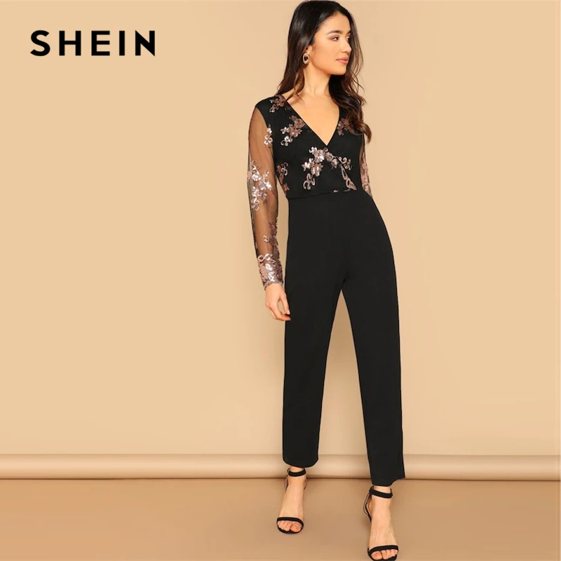Goede SHEIN Zwart Contrast Mesh Mouwen Sequin Detail Wrap Voorzijde Jumpsuit Vrouwen 2019 Zomer Highstreet Club Solid Bodycon Jumpsuits