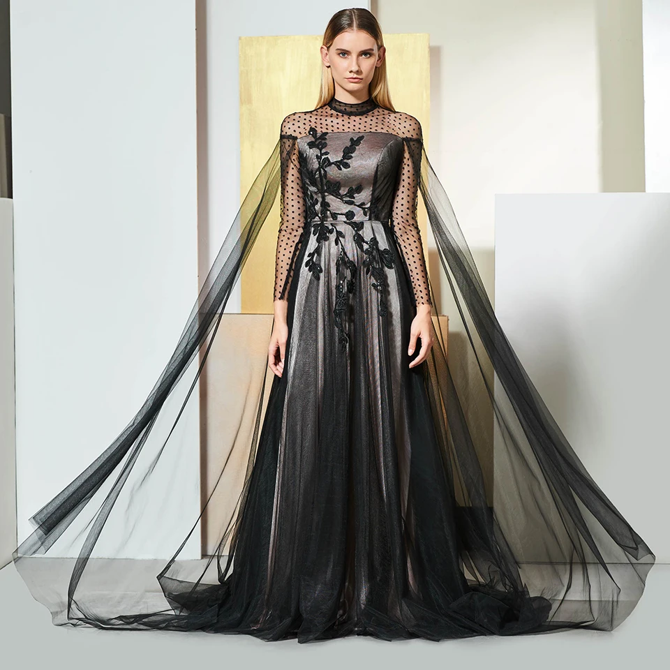 Dressv black elegant high neck evening dress long sleeves beading lace a line wedding party formal dress evening dresses