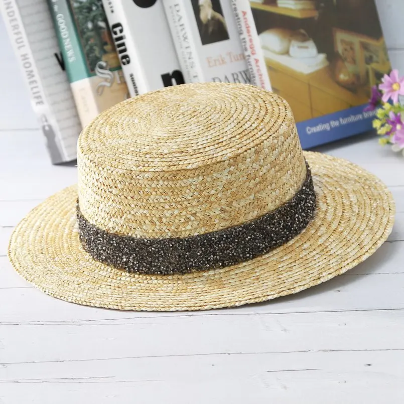 

GEMVIE 2019 New Summer Hats For Women Straw Hat Shine Rhinestones Band Flat Brim Straw Woven Sun Hat Lady Panama Hat Beach Cap