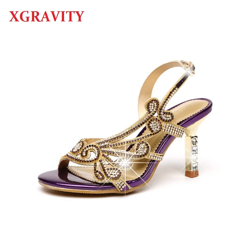 

XGRAVITY 2019 New Lady Sexy Party Shoes New Ladies Chunky Heel Sexy Crystal Rhinestone Design Women Elegant Ladies Sandals A001