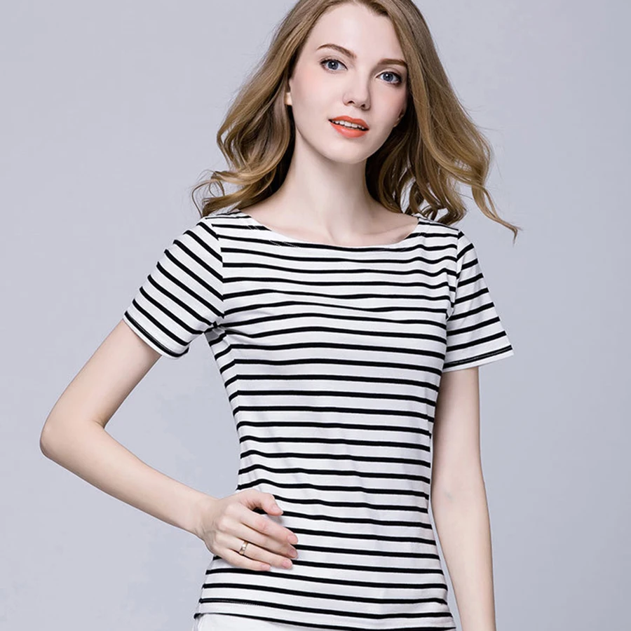 Striped T Shirt Women Short Sleeve Cotton Cropped Harajuku Feminino