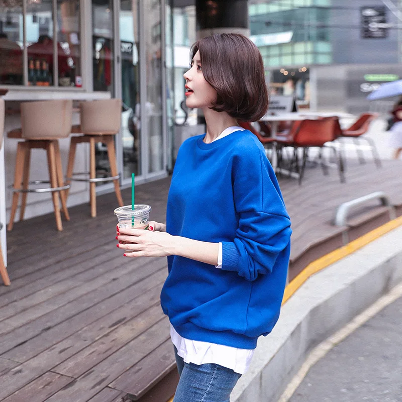

2019 Office Lady False Two Pieces Hoodies New Loose Pure Color Female Spring Winter Long Sleeve Plus Velvet Thick Patchwork Tops