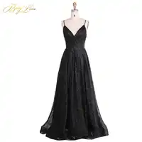 BeryLove Sexy Black Sequin Evening Dress 2019 Spaghetti Straps Evening Gown V Neck Formal Party Slit Prom Dress robe de soiree