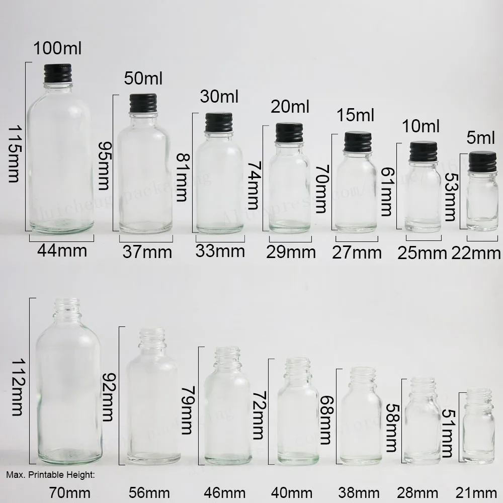 12X100 мл 50 мл 30 мл 20 мл 15 мл 10 мл 5 мл пустой прозрачный Стекло эфирное масло бутылка с алюминиевые крышки