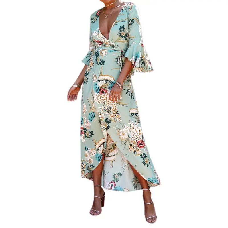 Женское платье с цветочным принтом и рюшами, с v-образным вырезом, с рукавом средней длины, винтажные платья, женские повседневные платья, Vestidos 7644 - Цвет: QG