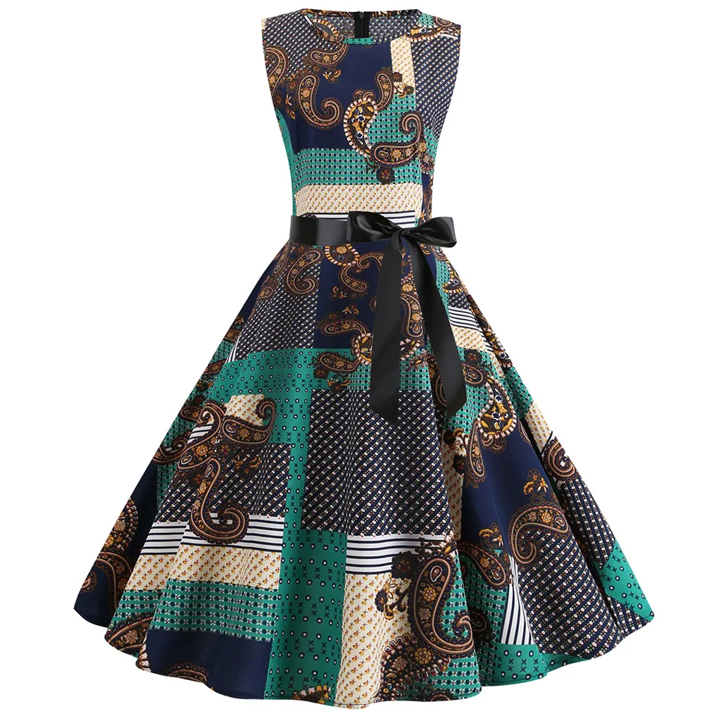 

Women Vintage 1950s Retro Sleeveless O Neck Print Evening Party Prom Swing Dress