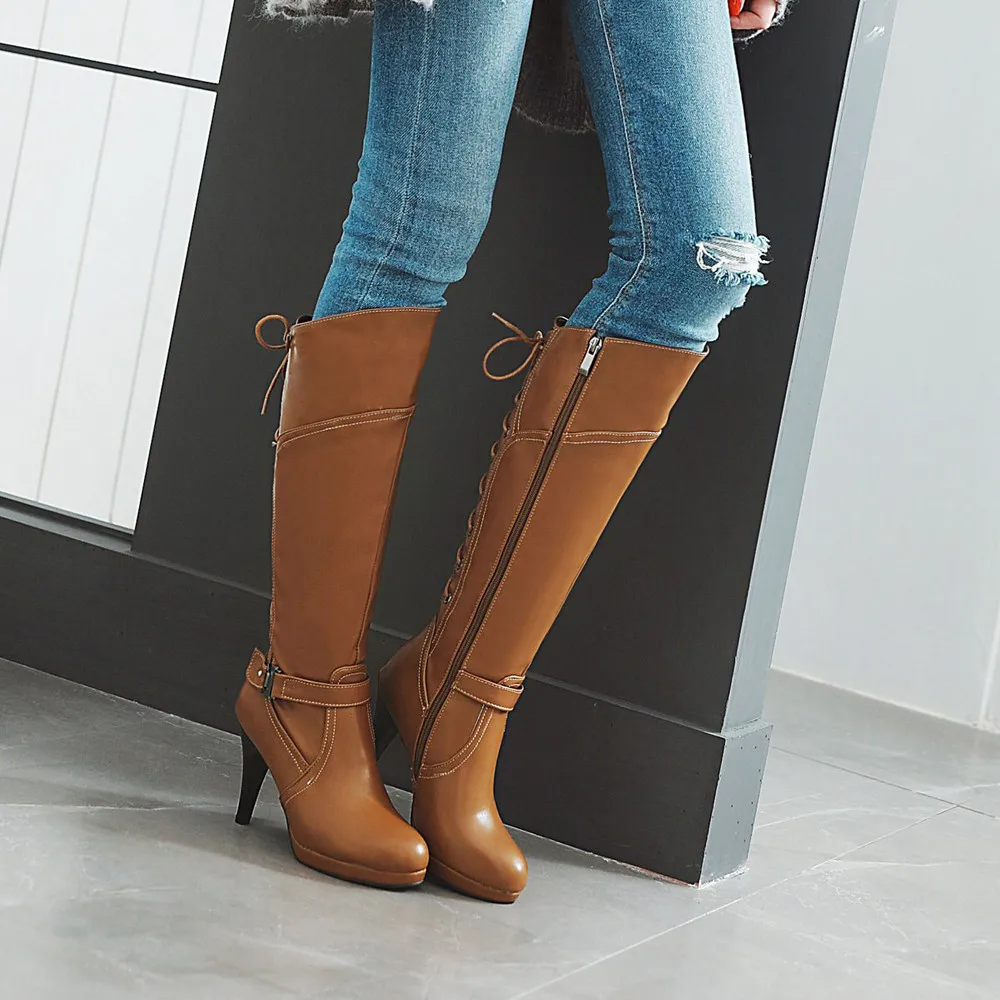 

autumn winter Side Zip knee high boots with belt buckle Rear Tie boots women Round-Toe Fine Thin Heels Women's leather boots
