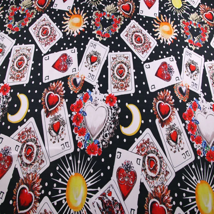 The Sacred Heart Playing Cards Black Cotton Poplin Fabric for Woman Girl Summer Dresses Skirt ...