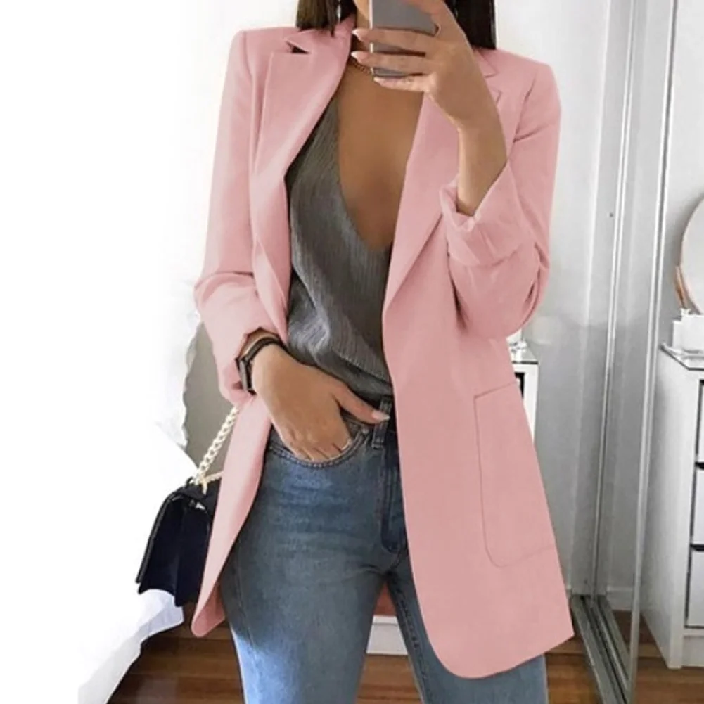 

Solid Casual Turn-down Collar Daily Wear All-Match Club Party Cocktail Long Sleeve Slim Fit Outerwear Women Blazer With Pockets
