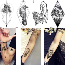 Новинка, Мужская водонепроницаемая Татуировка ворона, рука, Геометрическая, ствол, временная татуировка, женские наклейки на лодыжки, кукольная линия, звезды, фальшивые татуировки, луна