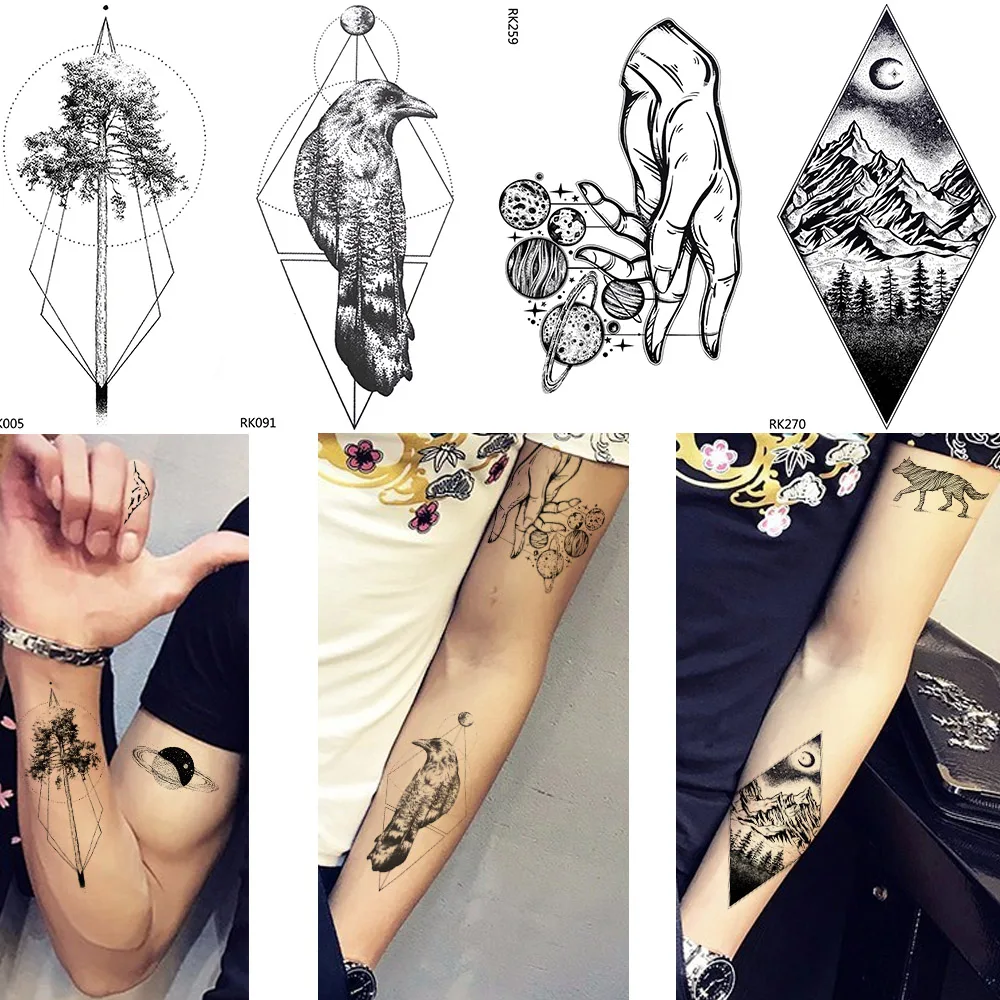 

New Men Waterproof Crow Tattoo Arm Geometric Trunk Temporary Tattoo Women Peak Ankle Stickers Puppet Line Stars Fake Tatoos Moon