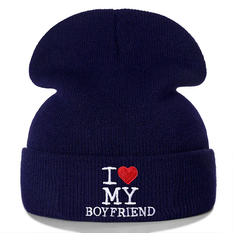 Новинка унисекс пара Beanie I LOVE MY BOYFRIEND письмо повседневные зимние шапки для мужчин женщин теплая вязаная шапка модная однотонная шапка - Цвет: Boyfriend Navy Blue