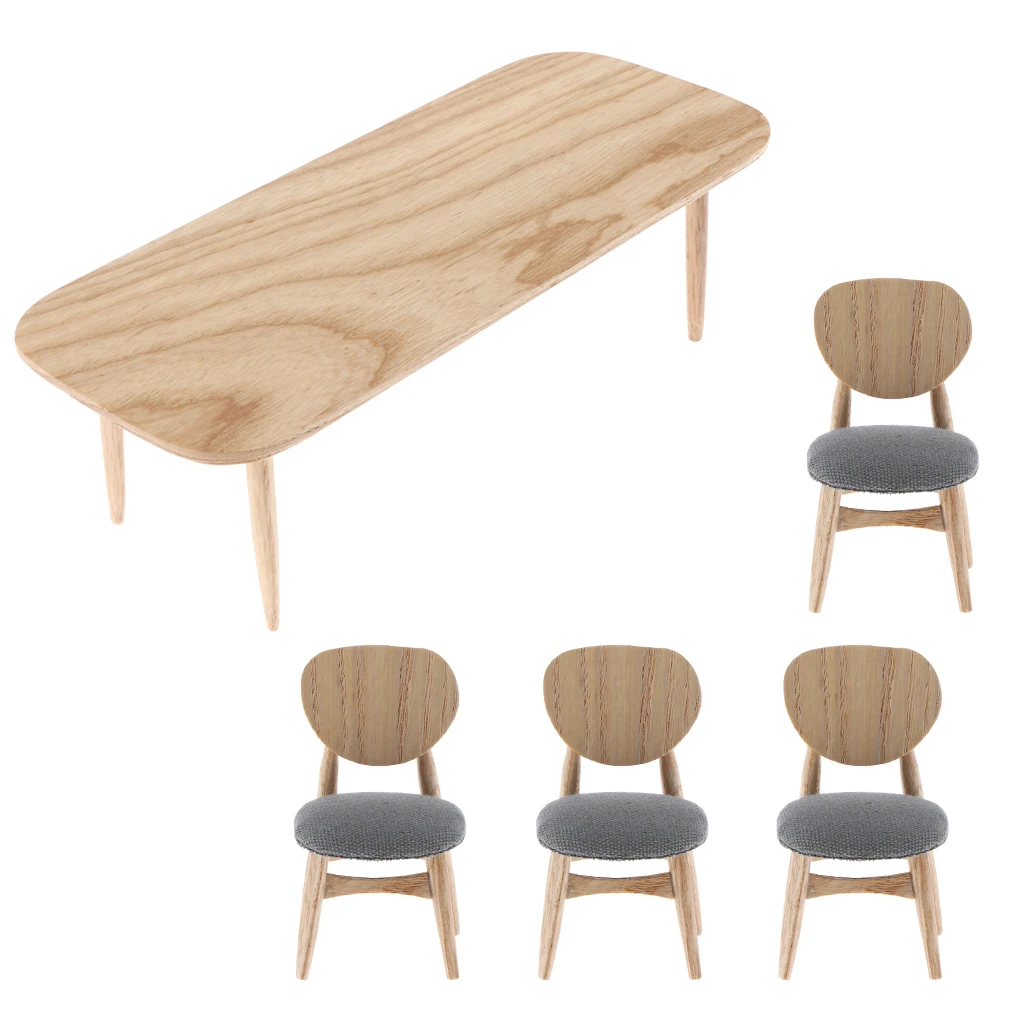 1/12 Scale Dollhouse Miniature Furniture, Wooden Rectangular Coffee Tea Table + 4pcs Chairs