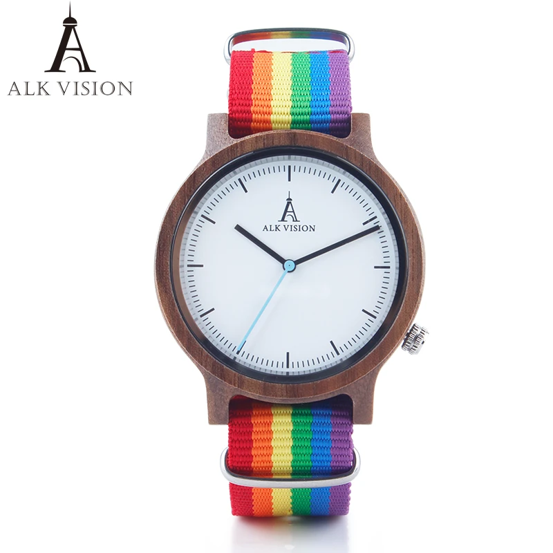 ALK Vision Pride Rainbow Top Wood Watches Dropshipping Brand Women Mens Wooden Watch Canvas LGBT Strap Fashion Casual Wristwatch