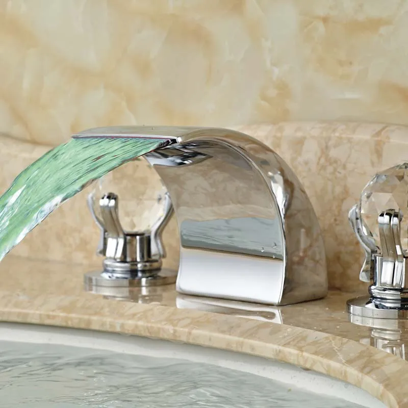 

Promotion Best Price Bathroom Sink Faucet Waterfall Widespread Spout Bright Chrome LED Light