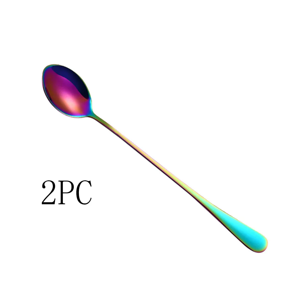 2PC Colorful Stainless Steel Long Handle Coffee Ice Cream Spoon Stainless Steel Colorful Spoon Long Handle Spoons Utencils