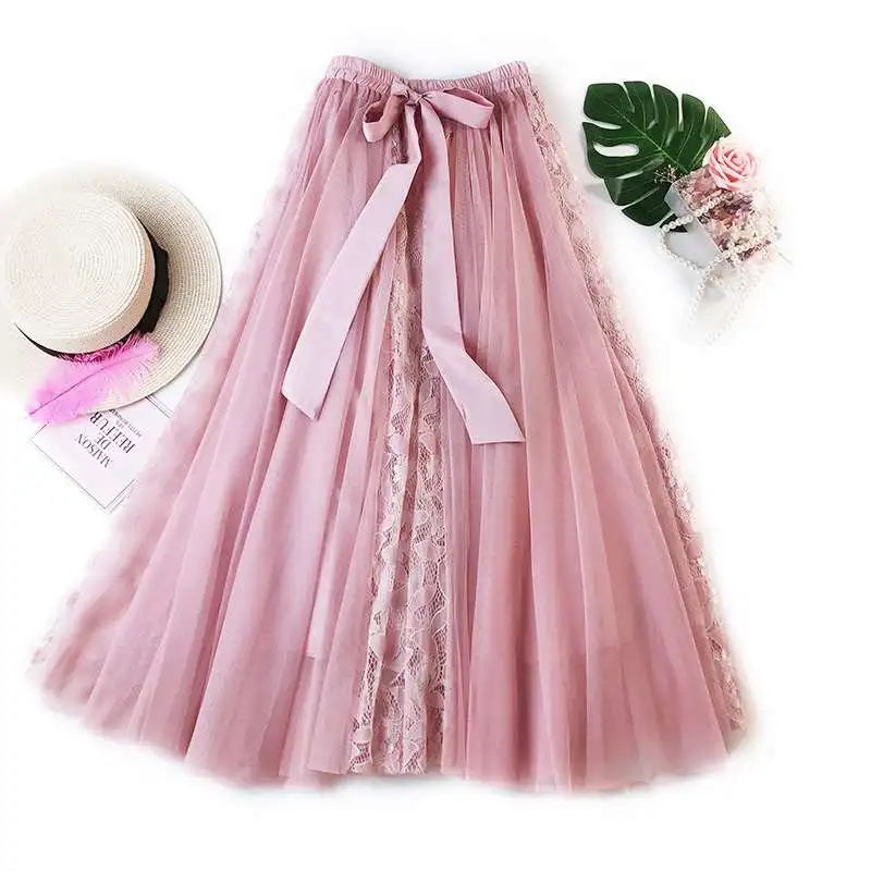 Patchwork Summer Mesh Skirts Hollow Out Ball Gown Pleated Skirts 2019 New Elegant Bow Fashion High Waist Lace Long Women Skirt Patchwork Summer Mesh Skirts Hollow Out Ball Gown Pleated Skirts 2019 New Elegant Bow Fashion High Waist Lace Long Women Skirt