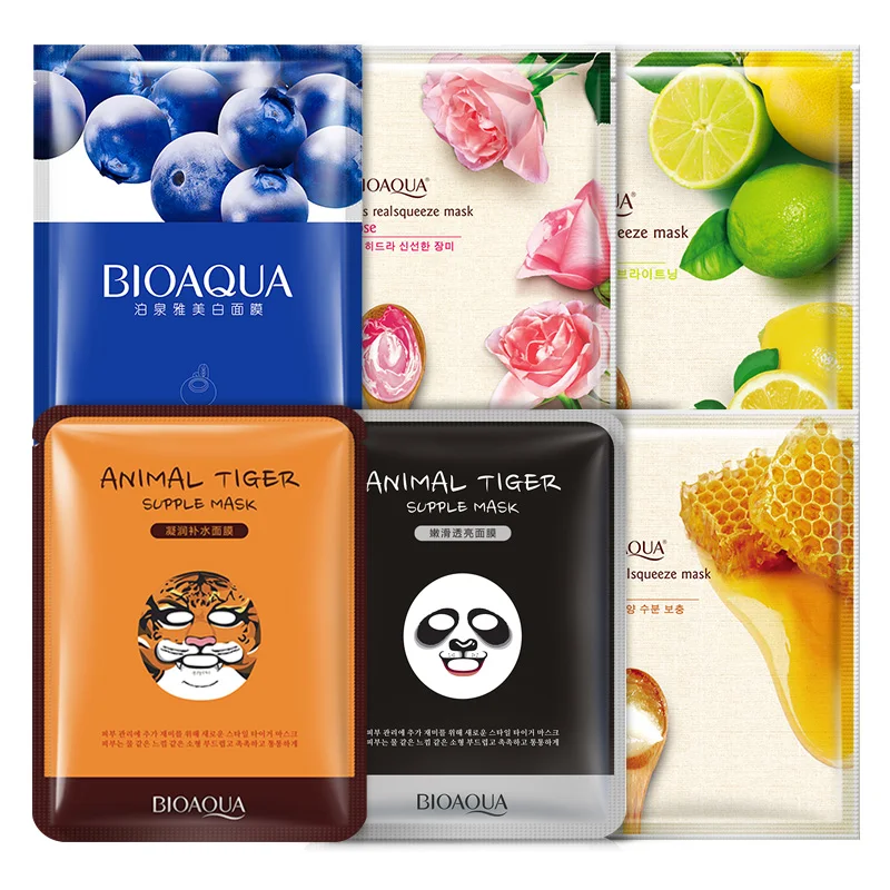 

BIOAQUA 6PC Whitening Oil Control Moisturizing Facial Wrapped Mask Animal Face Mask Blueberry Rose Lemon Extract Face Care