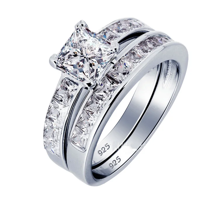 

Fashion 925 Sterling Silver 2 Pcs Wedding Ring set for Women Princess Cut Wedding Engagement Ring Jewelry Wholesale R07