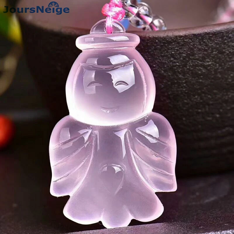 

Pink Natural Crystal Necklace Hand Carved Cute Guy Pendant Beads Sweater Chain Necklace Lucky for Women Help Wealth Jewelry