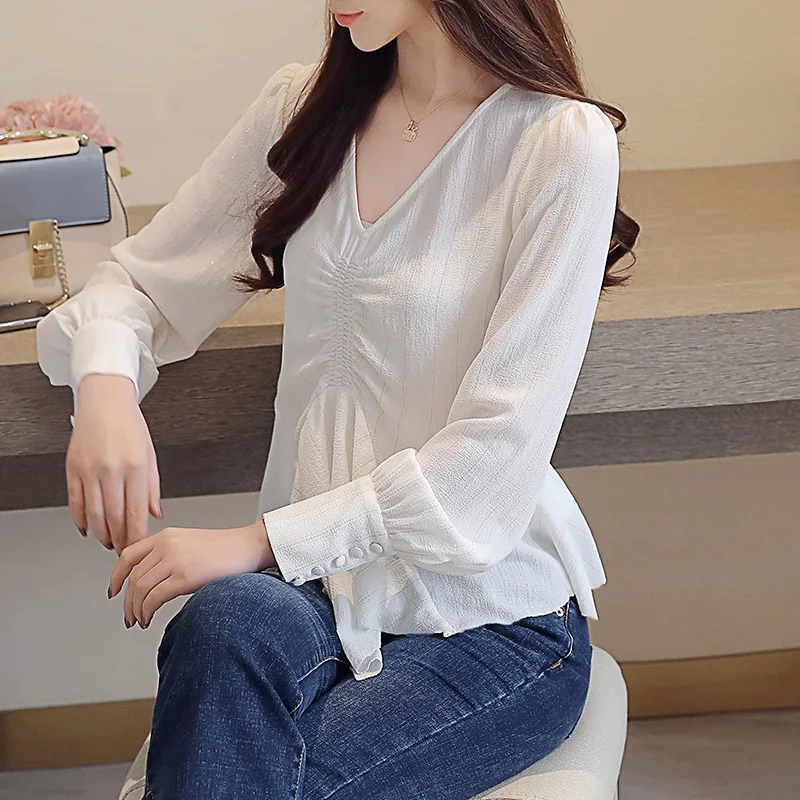 Y Moda Ropa Pink Femenina De Cuello Camiseta 2018 Mujer Manga Tops V 45 Blusas Blusa 1365 Larga Camisas blanco En Gasa Z0nPdqxX