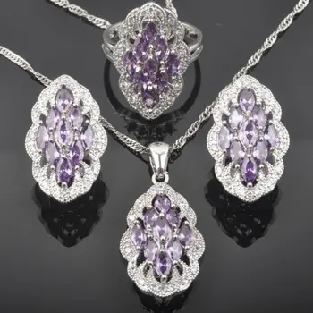

2020 New Silver Color Jewelry Sets Women's Natural Purple Crystal Earrings Necklace Set Pendant Rings QZ0506