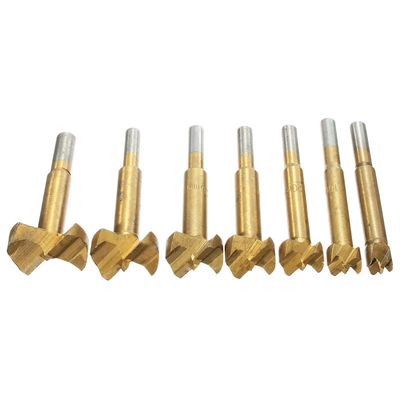 

Newest 7Pcs/Set 12mm-35mm Forstner Hinge Hole Boring Cutter Wood Drill Bits Titanium Coated Whlesale Price