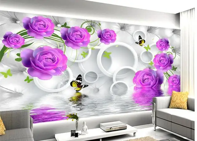 

wallpaper for walls 3 d for living room Purple rose elegant stylish water reflection 3D background wall