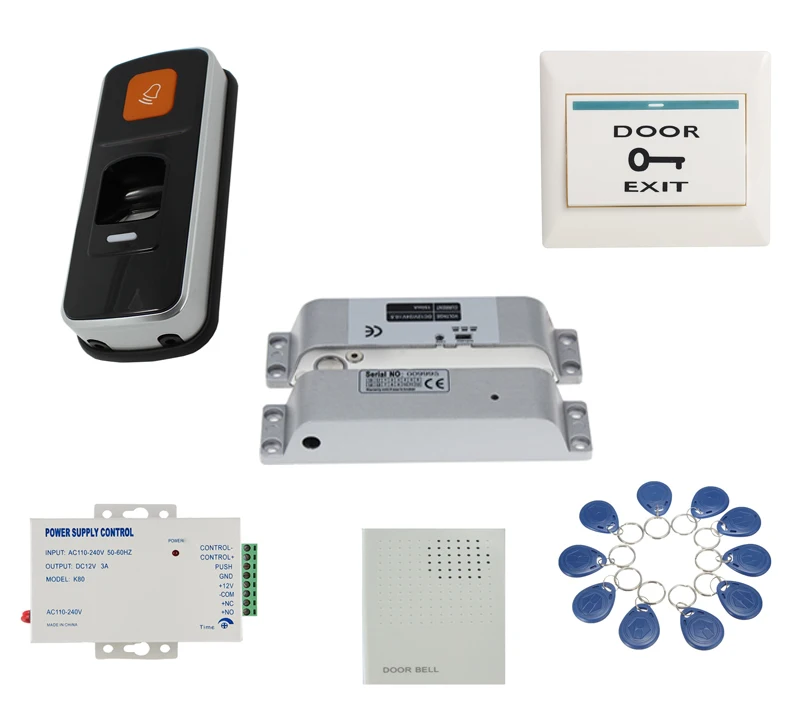 

Biometric Fingerprint & RFID ID exposed mounting electric drop bolt door lock Access Control kit doorbell+10 tags/10pcv cards