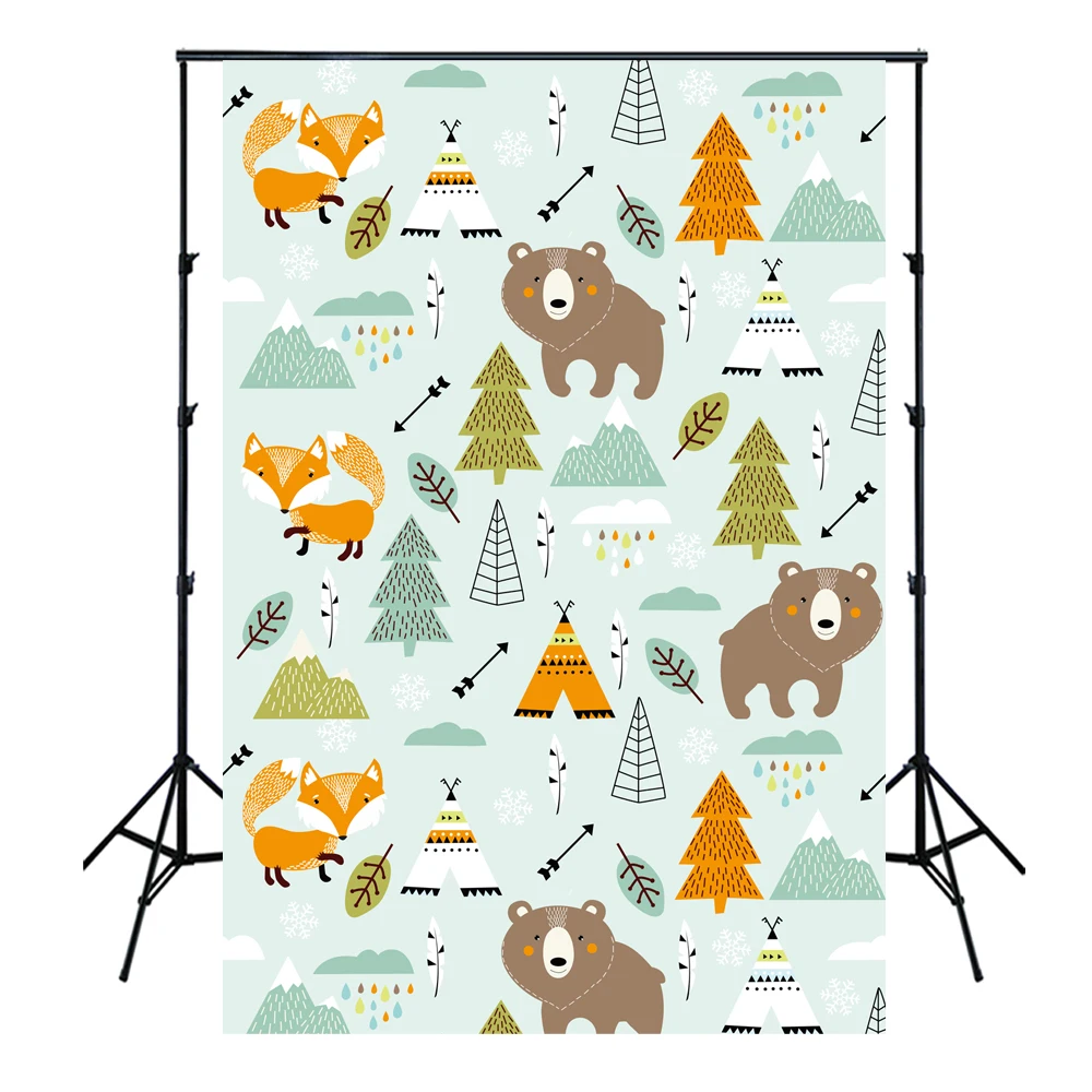 cartoon animals background fox bear tree pattern light green backdrop kids newborns lovely children photography custome XT-6625