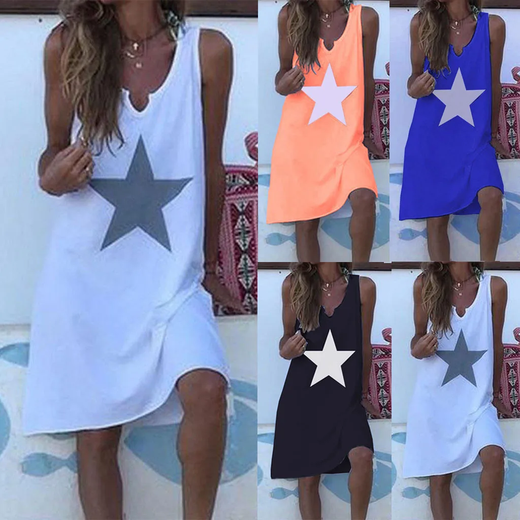 

New Women Boho Summer Dress Casual Stars Print Dress V-Neck Sleeveless Loose Dresses Plus Size 2019 Ladies Clothing Knee-Length