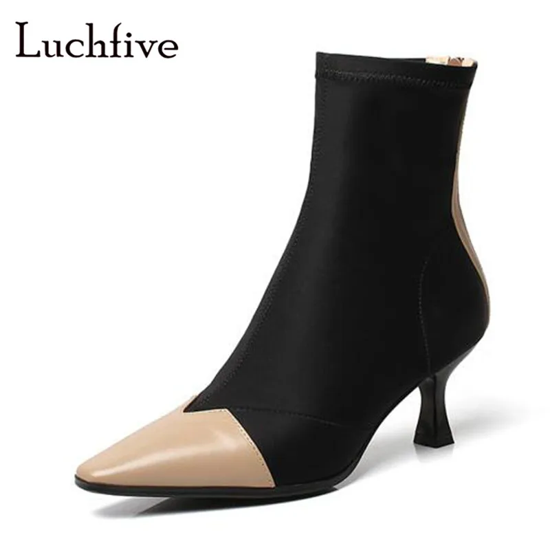 

New stretch farbic women booties pointed toe genuine leather female shoes back zipper high heels ankle boots women black beige