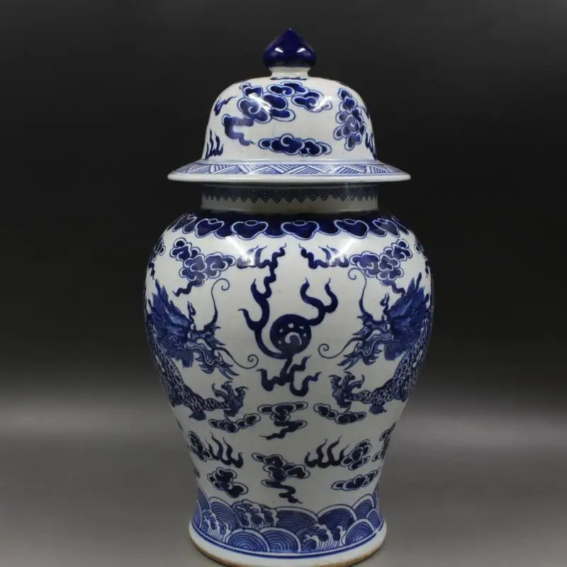 Jingdezhen ceramic jar Kangxi's year mark blue and white double dragon pattern general tank antique porcelain household 2