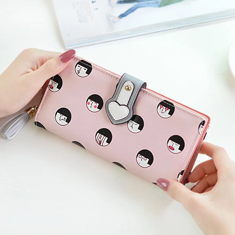 

2019 New Women Wallet H Long Cartoon Graffiti Printing Student Wallet Large Capacity Zipper Pendant Wallet