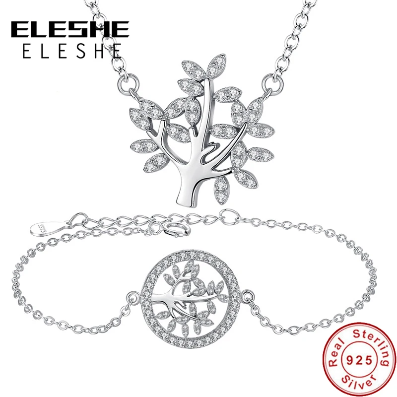

ELESHE 925 Sterling Silver Micro Rhinestone Family Tree of Life Jewelry Sets Chain Link Necklace&Bracelet For Women Jewelry