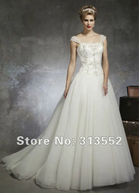 Crystal Beaded Cap Sleeve Lace Ball Gown Basque Waistline Princess