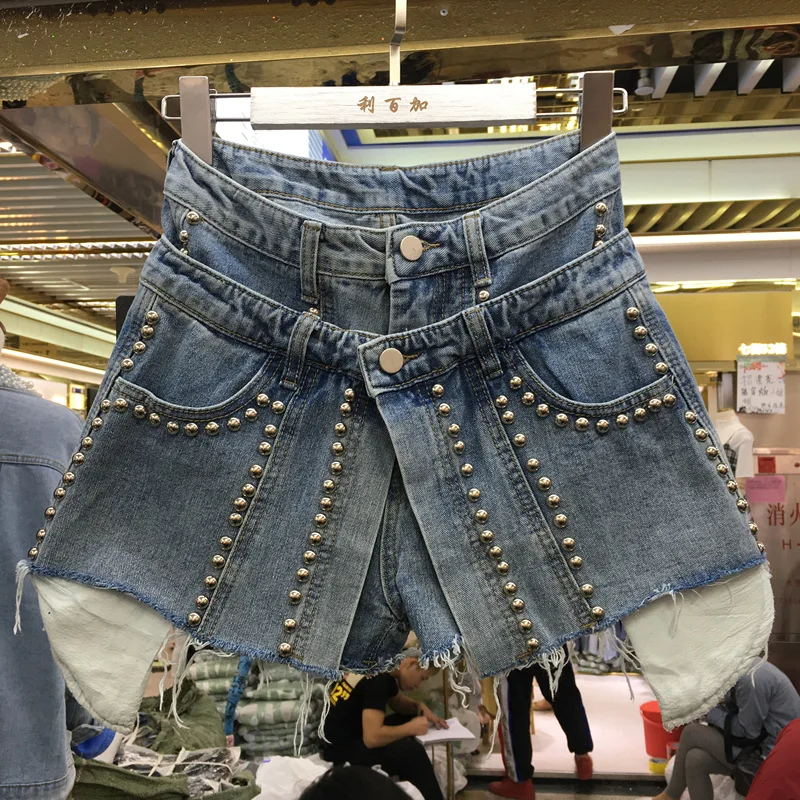 

Summer Blue A-line Button Through Rivet Denim Skirt Hight Waist Mini Shift Skirt Buttion With Pocket Women Casual Short Skirt