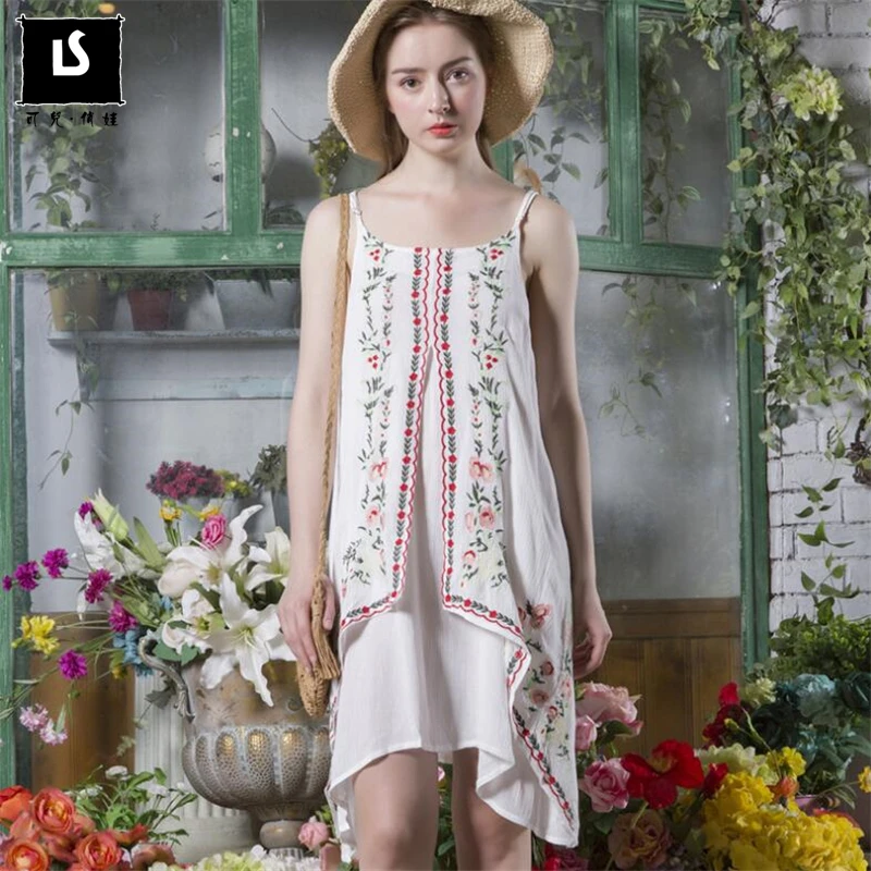 

HOT Fashion Dress summer Women Cotton and linen embroidery dress female Casual Beach Dress Sundress sexy Sling dress vestido