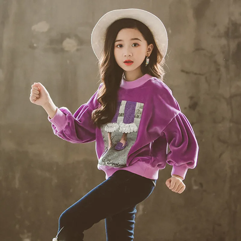 

DFXD Korean Fashion Winter Teen Girls Purple Cartoon Lantern Sleeve Plus Velvet Thick Pullover Sweatshirts 3-14Years