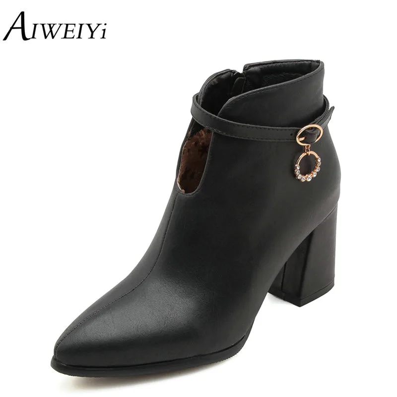 

AIWEIYi Ladies Ankle Boots Black Yellow Square High Heels Platform Shoes Pointed toe Buckle Strap Autumn Winter Ankle Boots