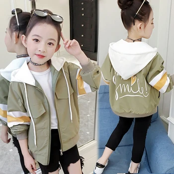 

Teenager Girls Jacket 2019 Autumn Back to School Hooded Windbreaker Pink Green for Kids Girls Sportwear Female Child Outerwear