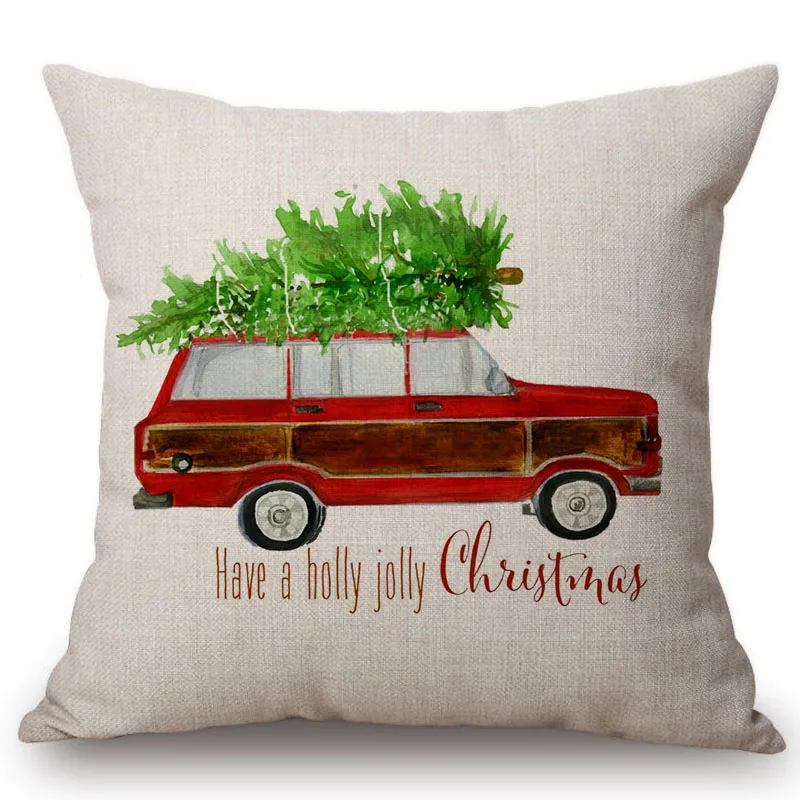 Watercolor Painting Car Christmas Tree Print Cushion Cover Red Vintage Winter 
