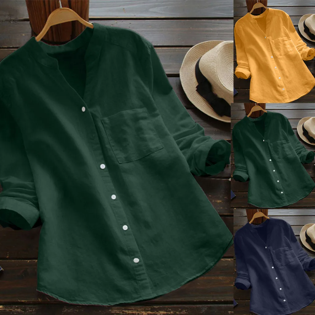 

2019 Summer Plus Size Women's Baggy Solid Cotton Linen Long Sleeve Button Pocket Shirts La camisa L0708