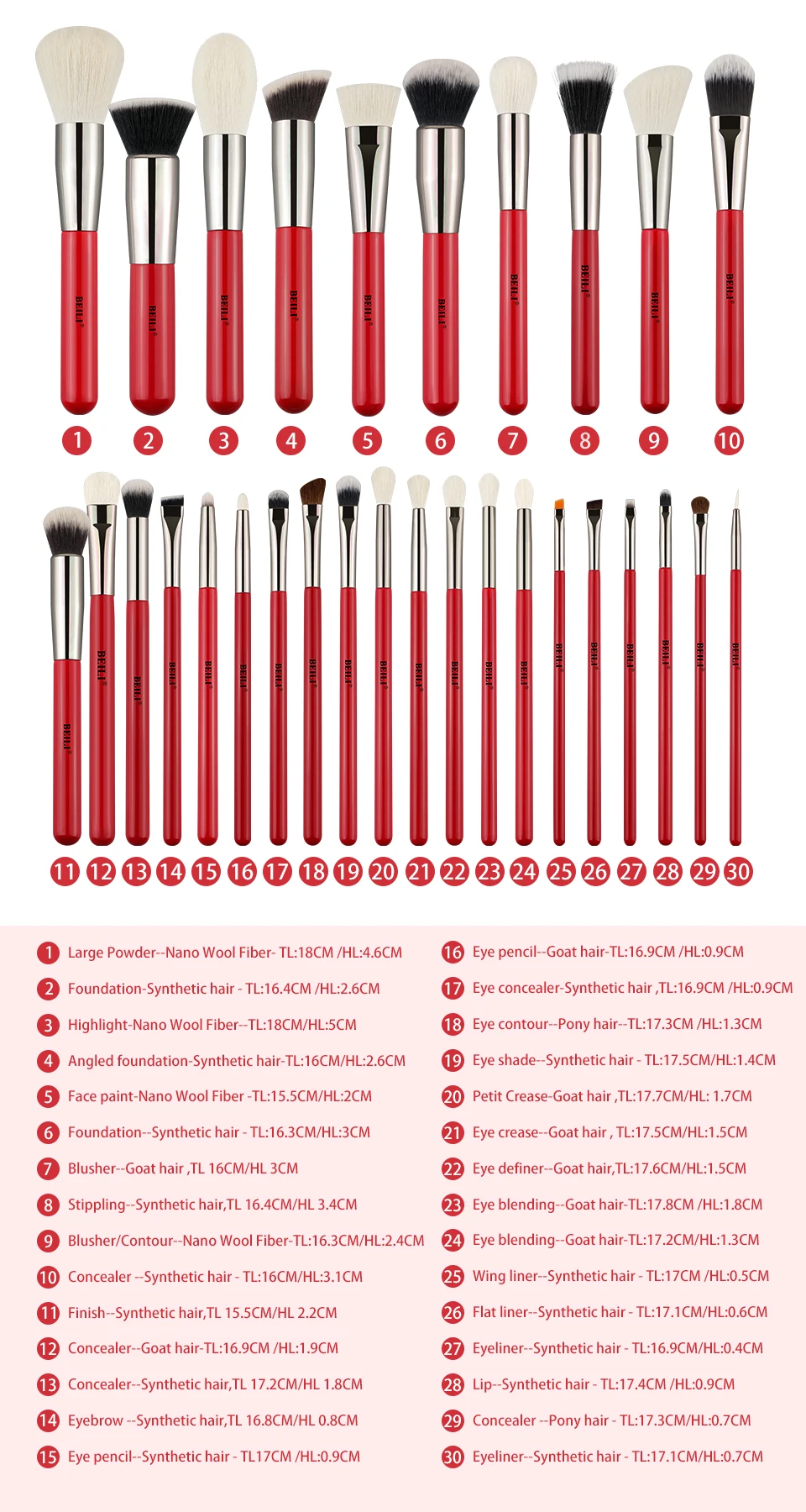 BEILI Red 30 шт. набор профессиональных кистей для макияжа, натуральные волосы, пудра, Тональная основа, румяна, тени для век, подводка для бровей, Кисть для макияжа, инструмент