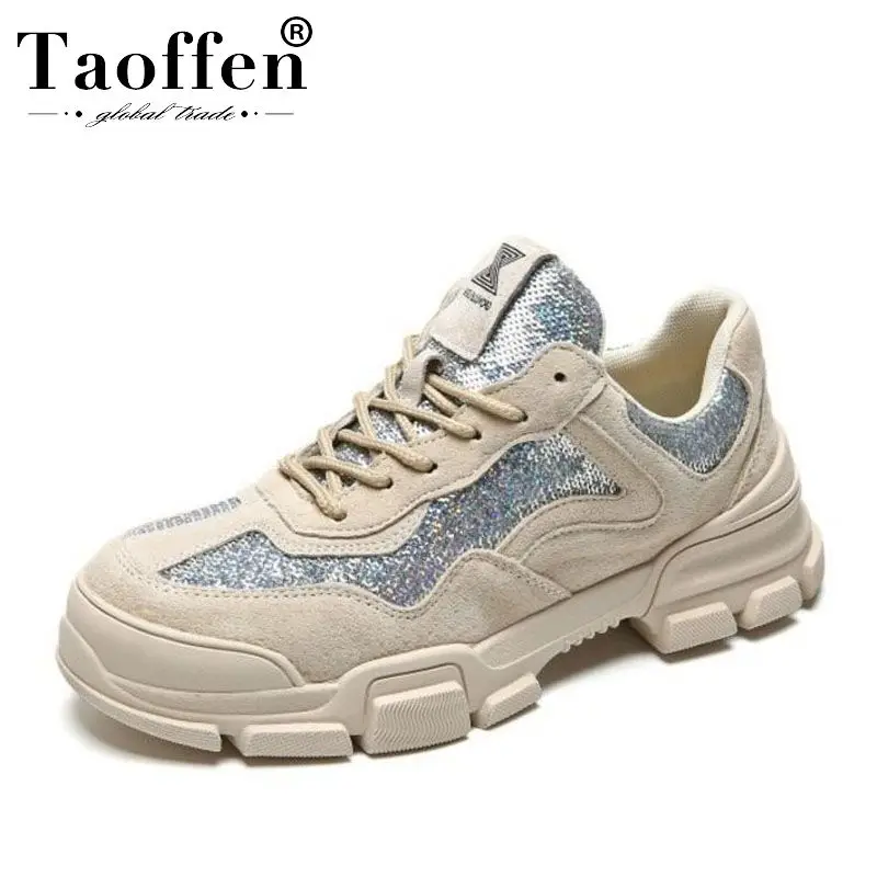 

TAOFFEN Young Ladies Ins Hot Real Leather Vulcanized Shoes Women Club Daily Thick Bottom Sneakers Mixed Colors Shoes Size 35-40